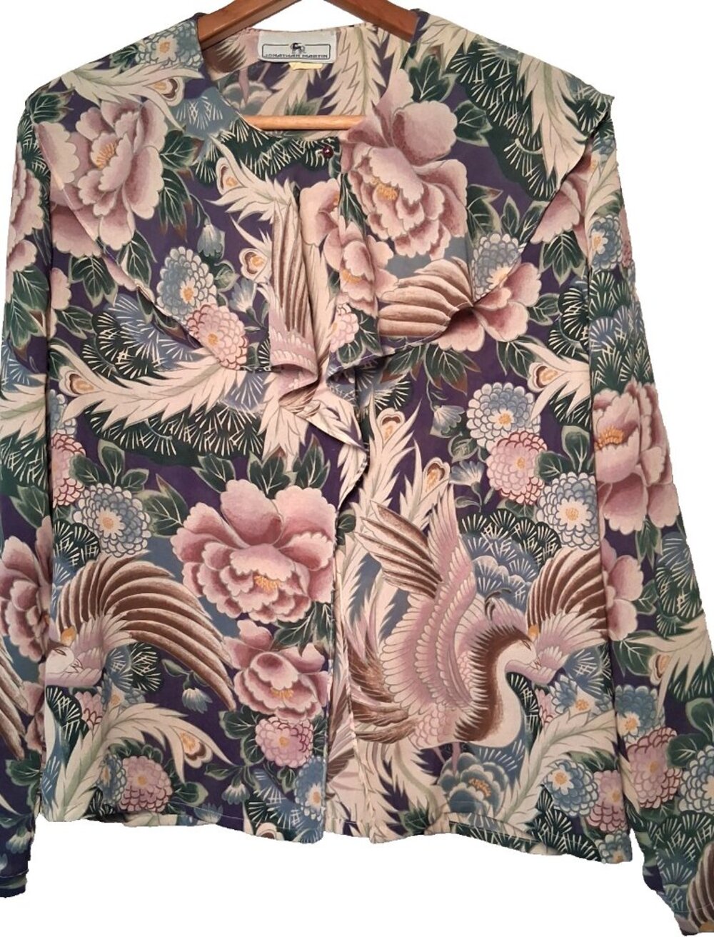 Vintage Johnathan Martin Blouse 13/14 Purple Pink Floral Swan Bird Semi-Sheer